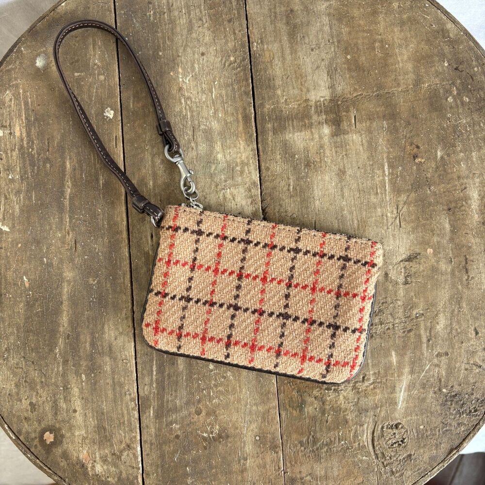 Vintage Y2K Coach Wool Plaid Leather Wristlet Tan Red Brown